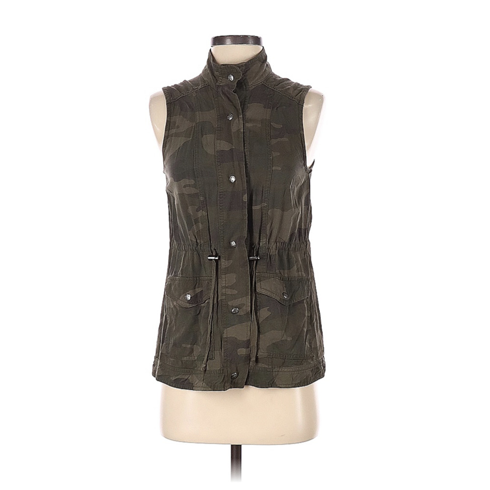 Maurice's Green Camo Snap Front Vest Pockets Cinch Waist Size XS